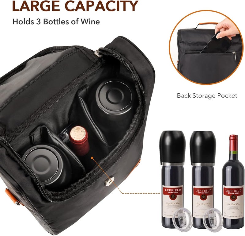 Philiva 3 Bottle Wine Tote Bag with Tumblers and Opener, Portable Wine Carrier Purse for Travel/Picnic/Beach/Pool/Events/Hiking, Black - Image 2